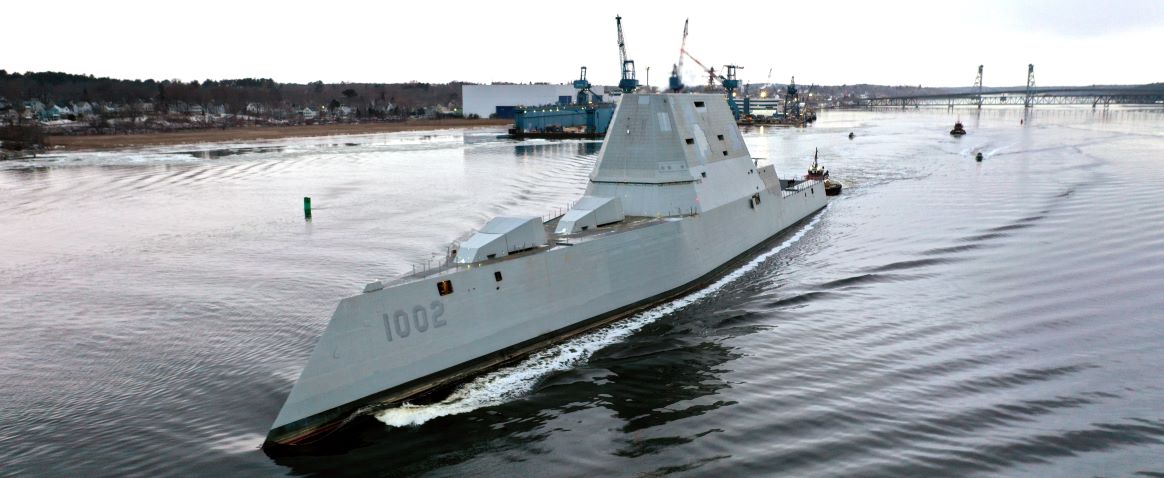 The future USS Lyndon B. Johnson (DDG 1002) sails away from Bath Iron Works down the Kennebec River toward the Gulf of Maine.